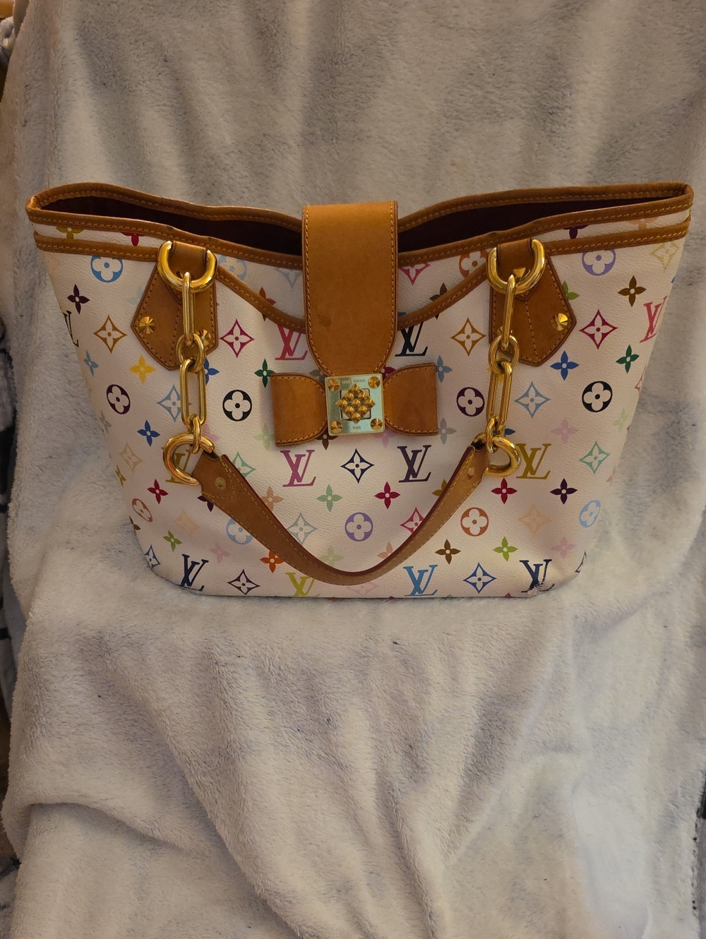 Louis Vuitton White Multicolor Monogram Tote with Tan Leather Trim